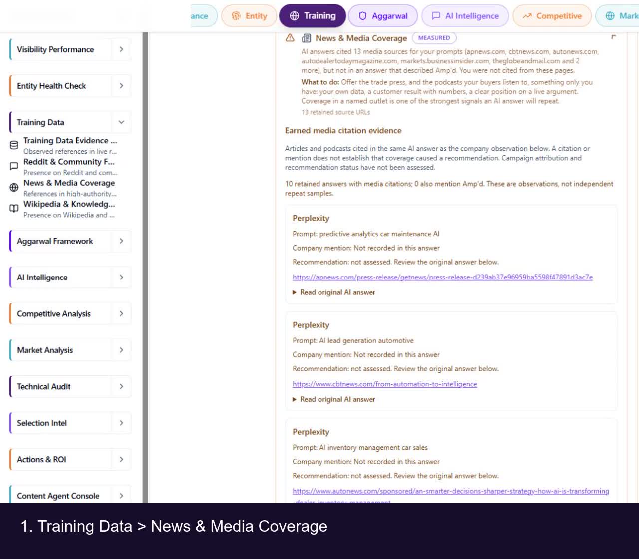 Earned Media evidence panel in an Amp'd audit